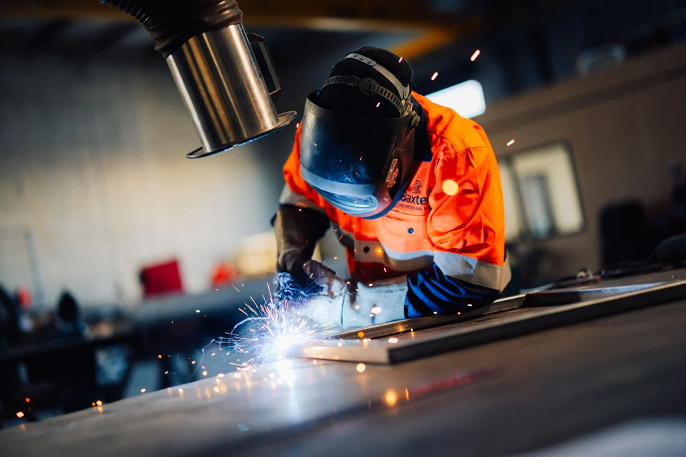 Baxter engineer welding in the Rolleston workshop